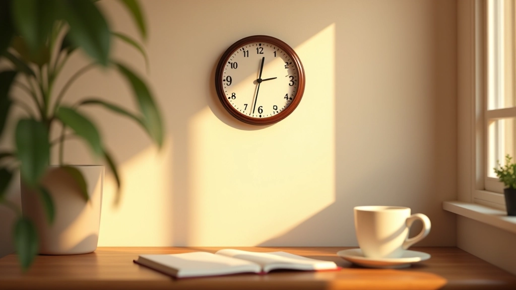 Relógio de parede mostrando 6:30 da manhã, ao lado de um caderno e uma xícara de café