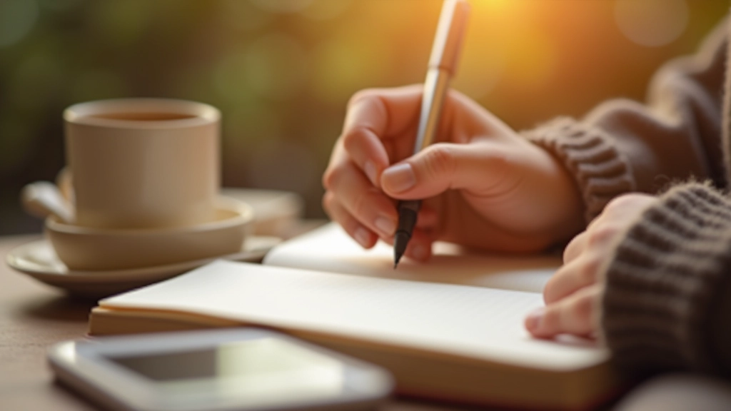 Mão escrevendo em um caderno com café ao lado, ambiente aconchegante