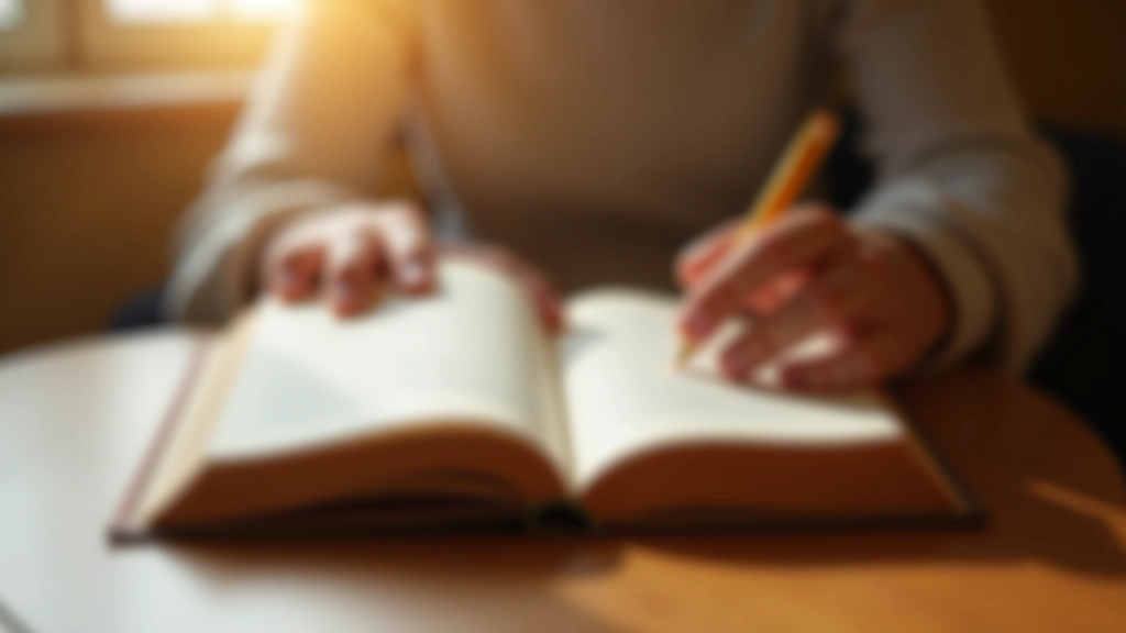 Detalhe de mãos segurando um livro antigo em uma superfície de madeira clara