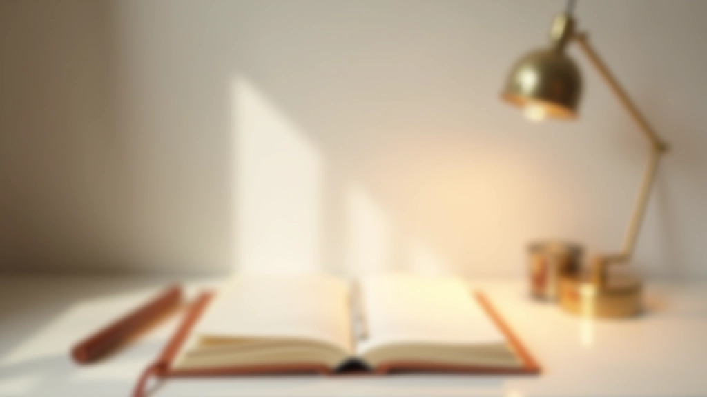 Mesa de escrita minimalista com diário, caneta e plantas decorativas