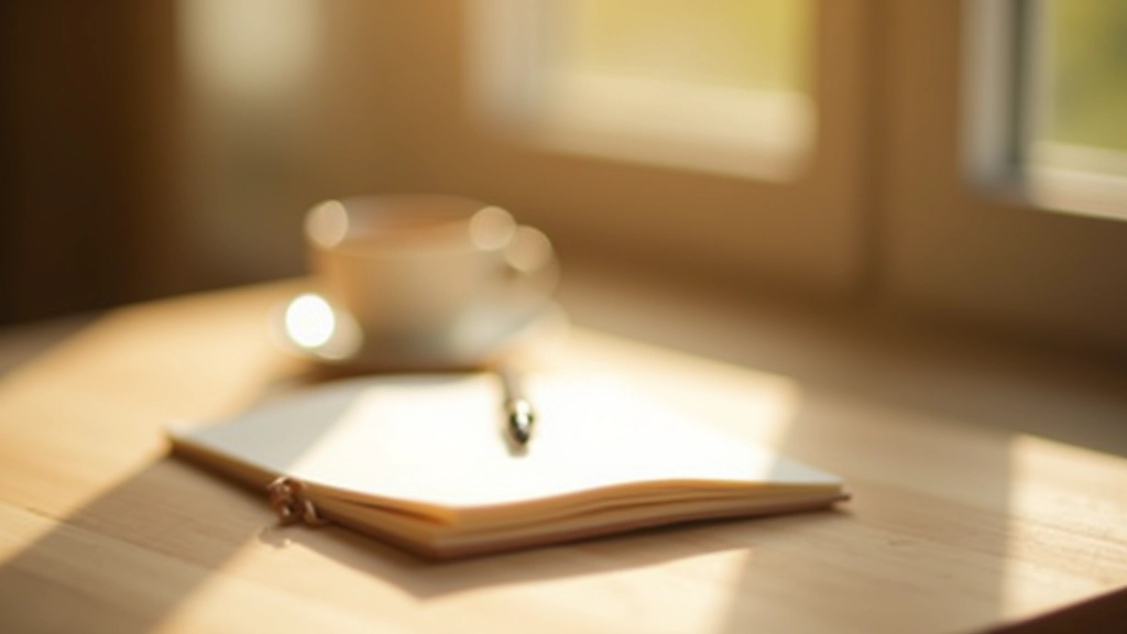 Mesa de madeira com diário aberto, caneta e xícara de chá fumegando ao lado, luz natural pela janela