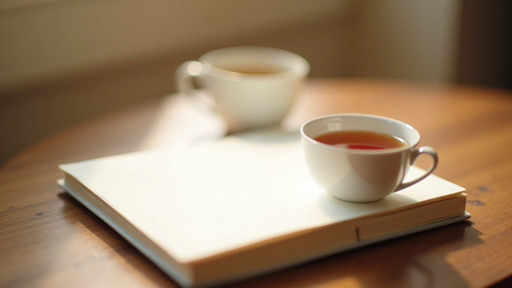 Caderno com caneta e uma xícara de chá quente em um ambiente aconchegante