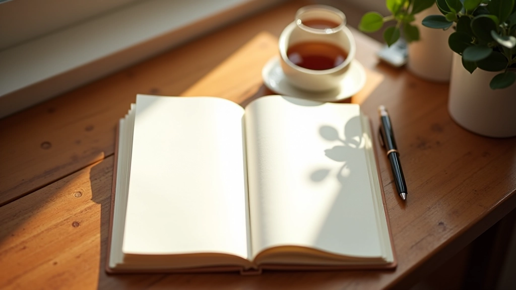 Caderno aberto em uma mesa de madeira com caneta e xícara de chá, luz natural pela janela
