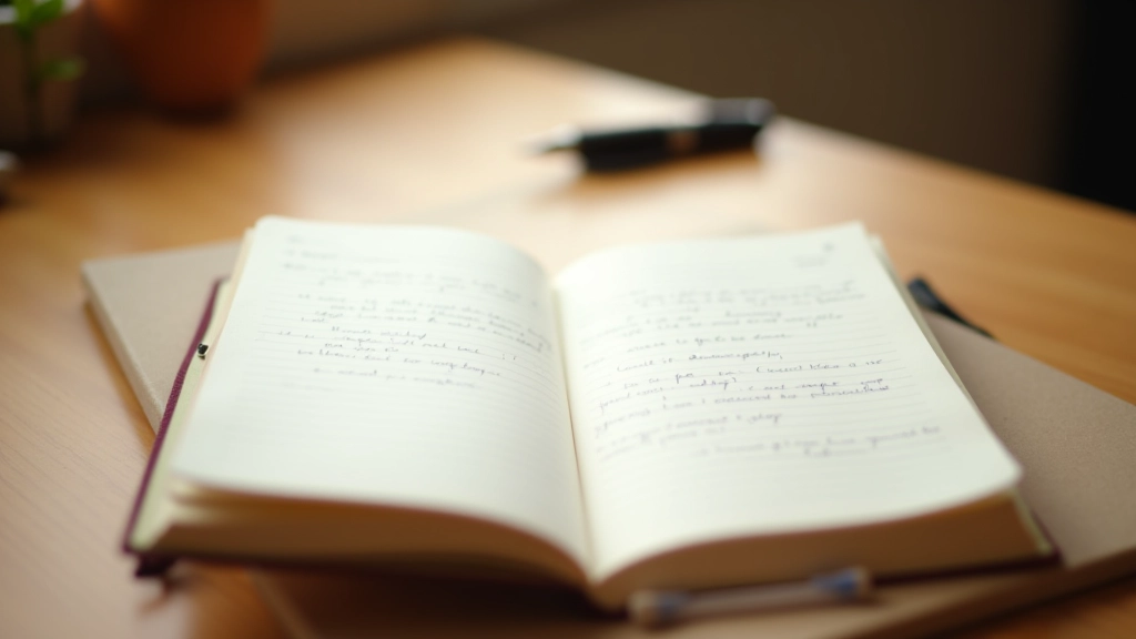 Páginas de um diário aberto com anotações manuscritas, caneta ao lado e luz natural