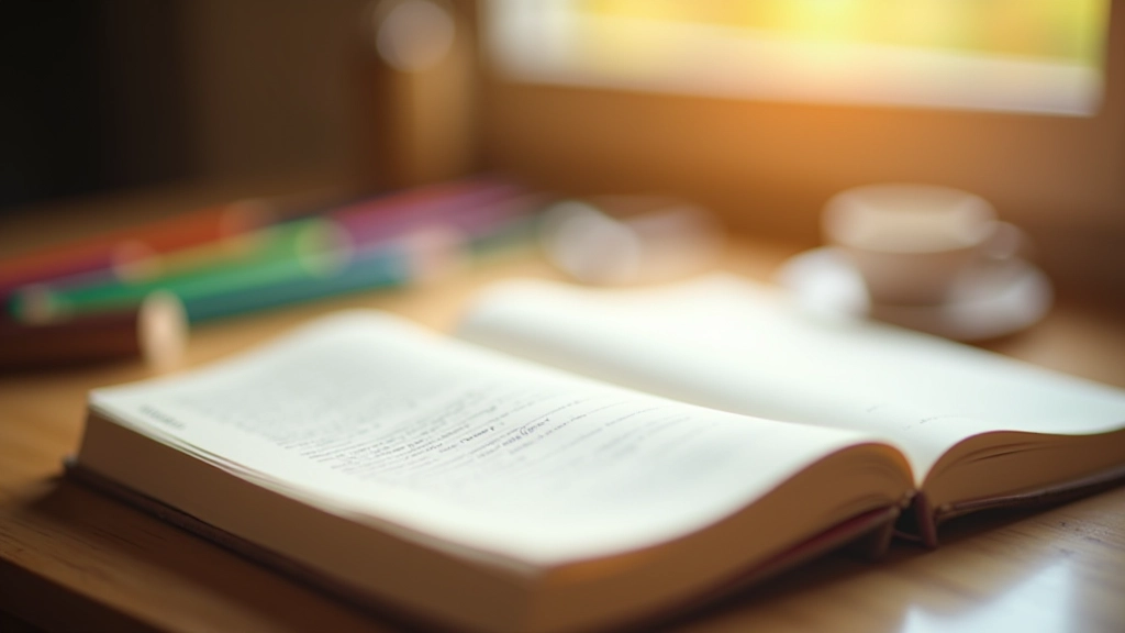 Caderno aberto com várias páginas preenchidas com escrita manuscrita, lápis coloridos ao lado, atmosfera criativa