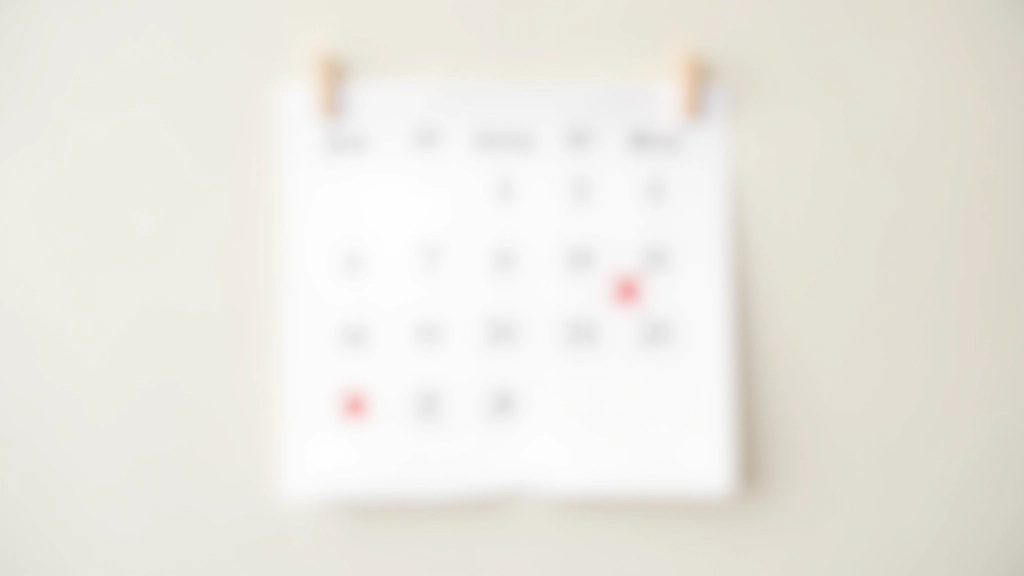 Calendário de parede com dias marcados em vermelho mostrando uma sequência de semanas preenchidas