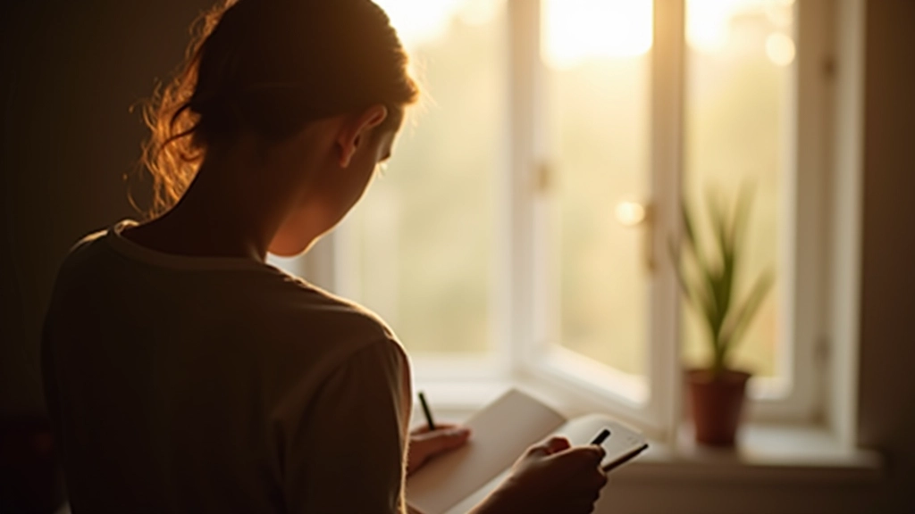 Pessoa escrevendo em um diário com luz natural, ambiente calmo e inspirador