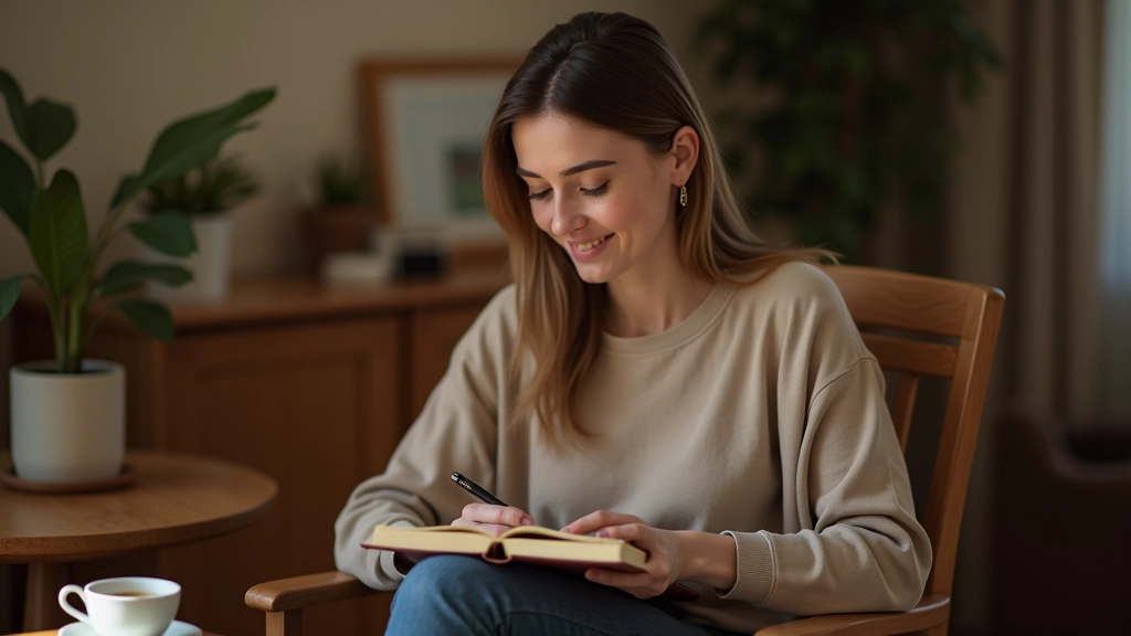 Pessoa sentada em uma cadeira confortável, escrevendo em um journal com uma xícara de chá perto