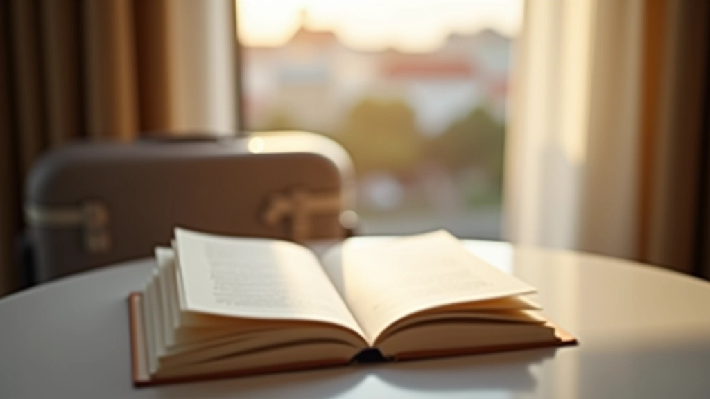 Caderno aberto em uma mesinha de hotel ao lado de uma janela com vista para a cidade