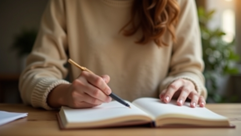 Mão escrevendo em um caderno aberto sobre uma mesa de madeira, com xícara de chá ao fundo
