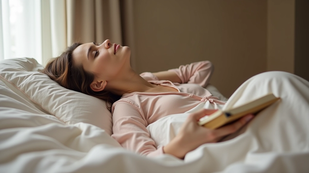 Pessoa deitada na cama com expressão relaxada, segurando um caderno de journaling pousado no peito