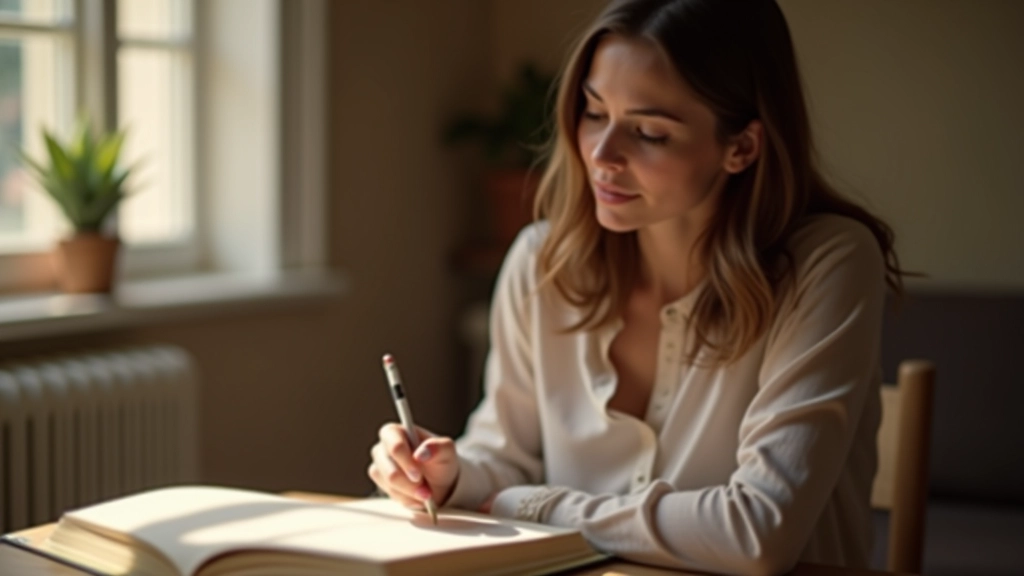 Mãos de uma mulher segurando uma caneta sobre páginas de um diário, café na mesa