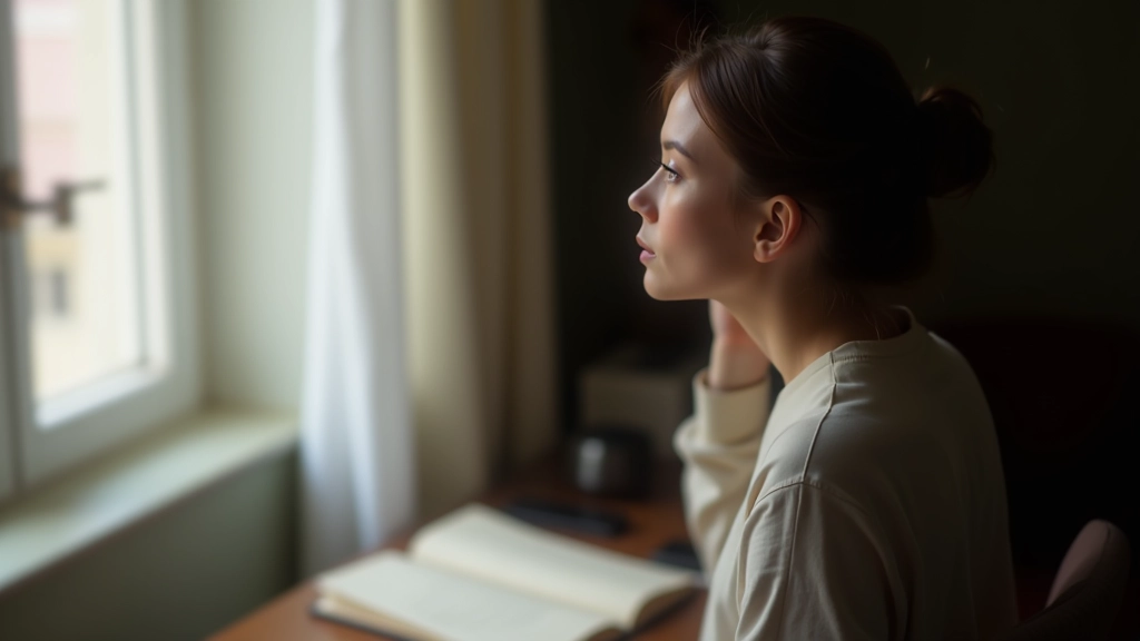 Pessoa olhando pela janela, pensativa, com um journal fechado sobre a mesa, momento de reflexão