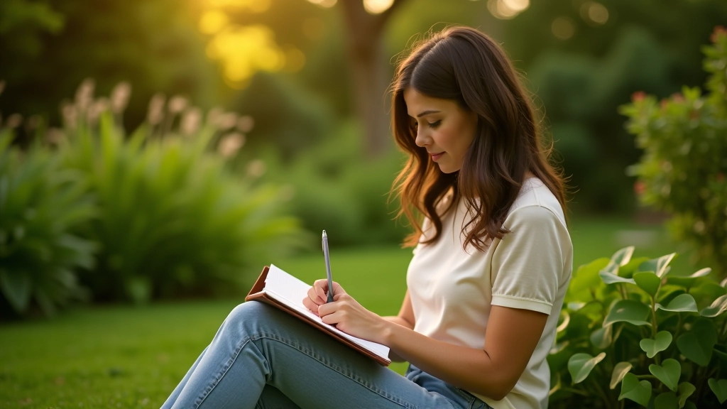 Pessoa sentada em um jardim com caderno no colo, anotando pensamentos