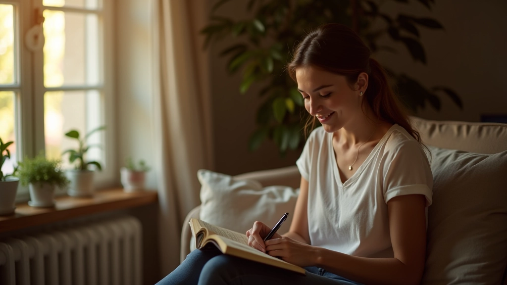 Pessoa sentada em local tranquilo, escrevendo em um caderno aberto com luz natural ao fundo