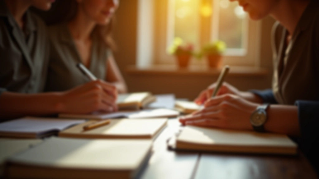 Oficina de escrita reflexiva com materiais de diário e ambiente acolhedor